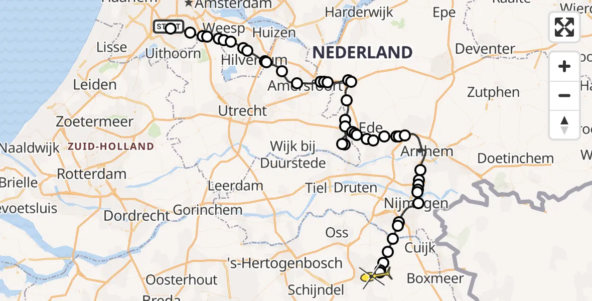 Routekaart van de vlucht: Politieheli naar Vliegbasis Volkel, Van Weerden-Poelmanweg