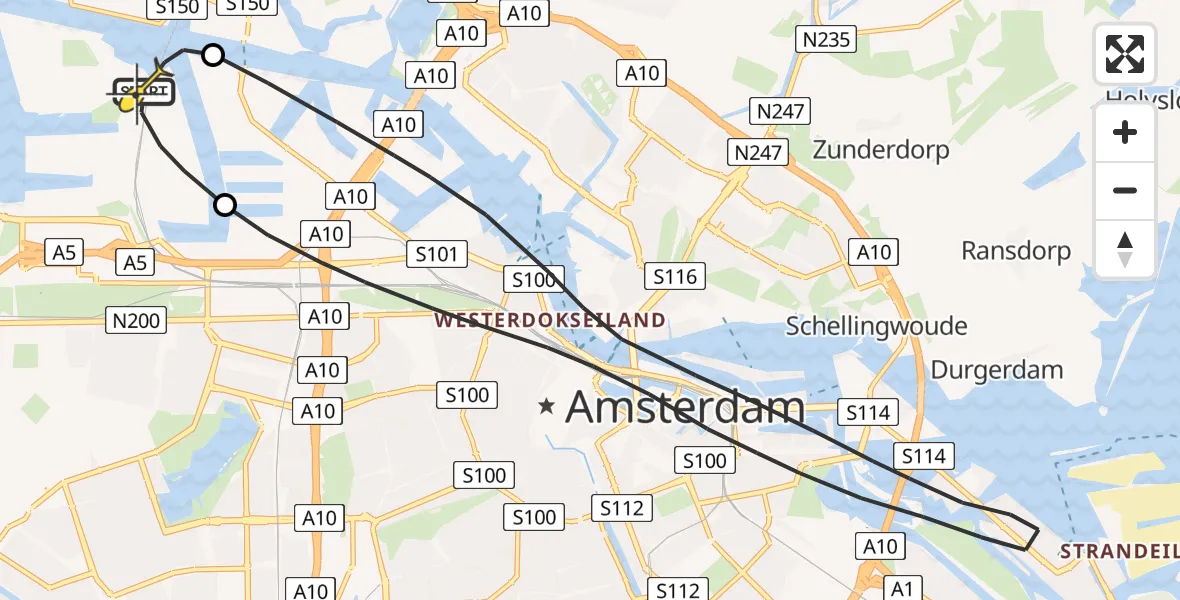 Routekaart van de vlucht: Lifeliner 1 naar Amsterdam Heliport, Corsicaweg