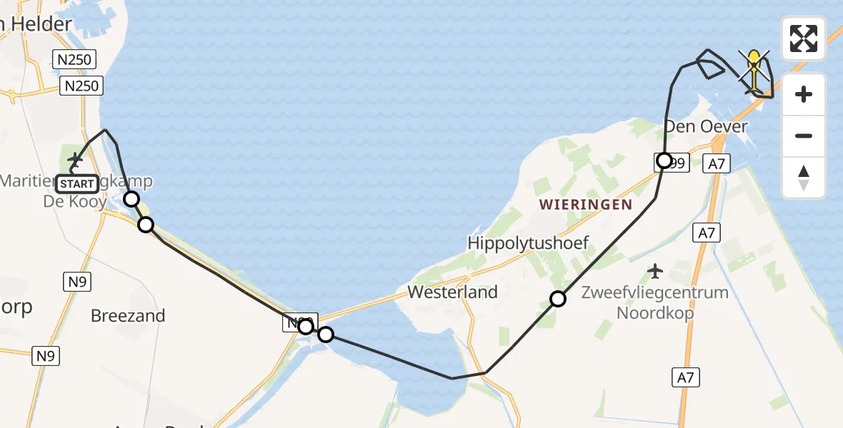 Routekaart van de vlucht: Kustwachthelikopter naar Den Oever, Balgzanddijk