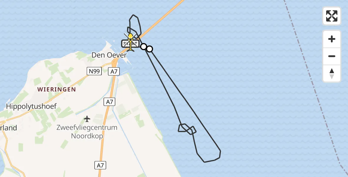 Routekaart van de vlucht: Kustwachthelikopter naar Den Oever, Vaarwater langs Nieuwe Zeug