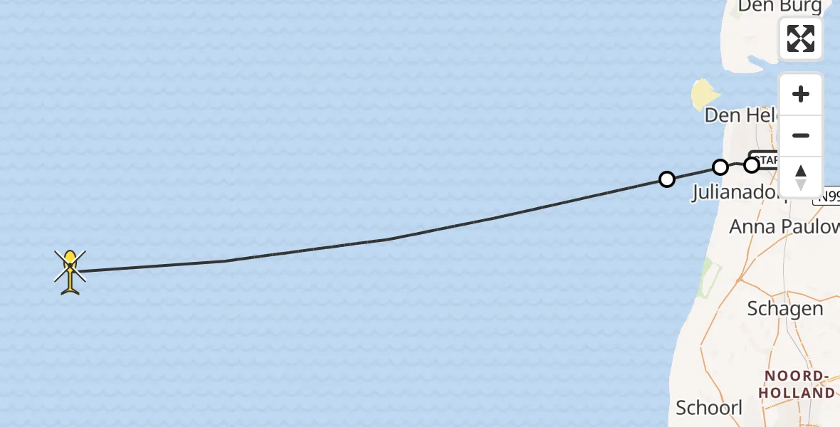 Routekaart van de vlucht: Kustwachthelikopter naar Kortevliet