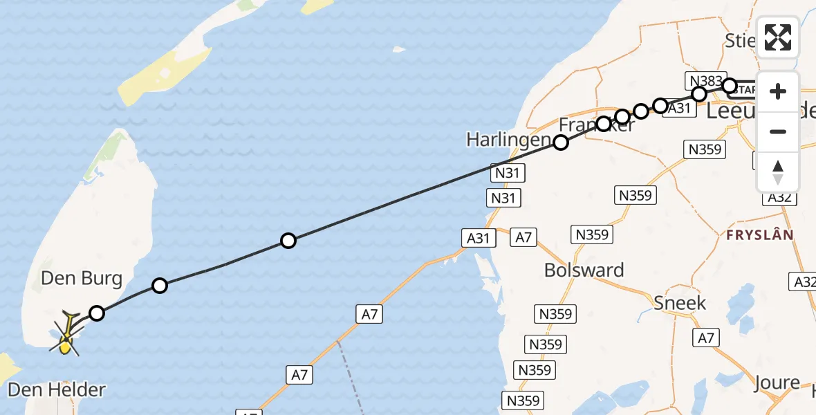 Routekaart van de vlucht: Ambulancehelikopter naar Den Hoorn, Keegsdijkje