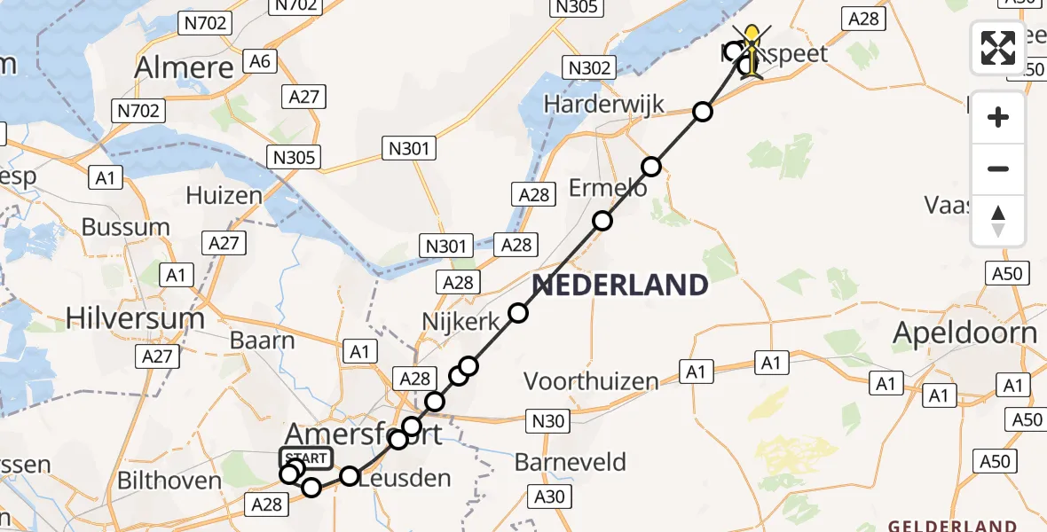 Routekaart van de vlucht: Politiehelikopter naar Nunspeet, Amersfoortsestraat