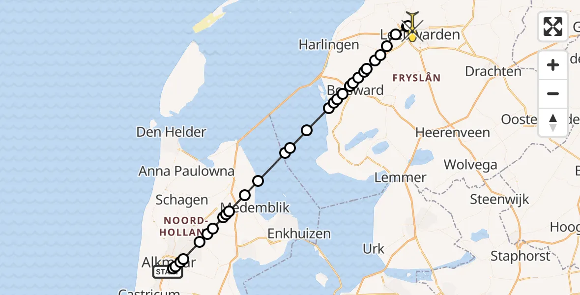 Routekaart van de vlucht: Ambulanceheli naar Vliegbasis Leeuwarden, Diamantweg