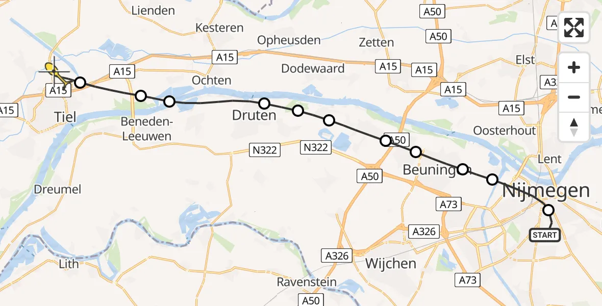 Routekaart van de vlucht: Lifeliner 3 naar Tiel, Groenewoudseweg