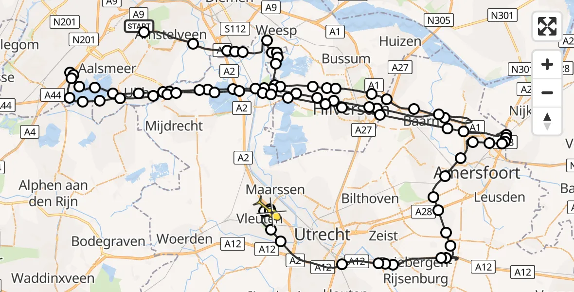Routekaart van de vlucht: Politieheli naar Utrecht, Amsterdam-Bataviaweg