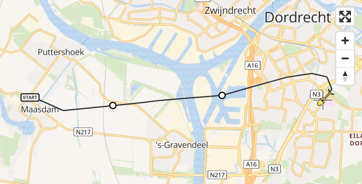 Routekaart van de vlucht: Lifeliner 2 naar Dordrecht, Kromme Elleboog