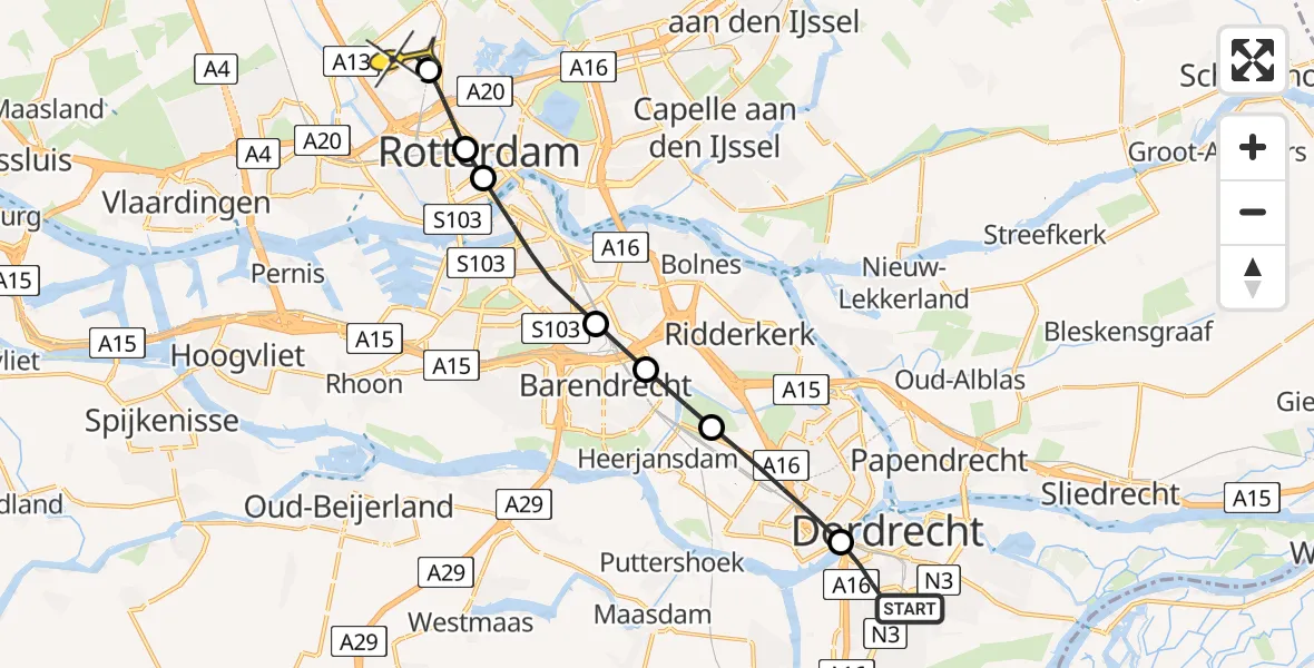 Routekaart van de vlucht: Lifeliner 2 naar Rotterdam The Hague Airport, S.M. Hugo van Gijnweg