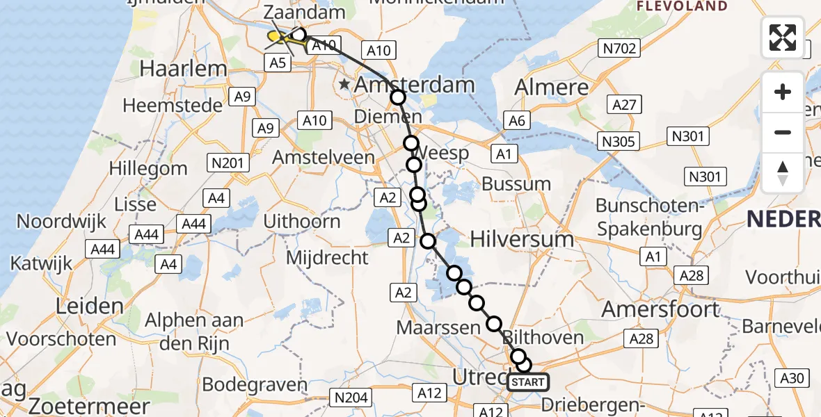 Routekaart van de vlucht: Lifeliner 1 naar Amsterdam Heliport, Bunnikseweg