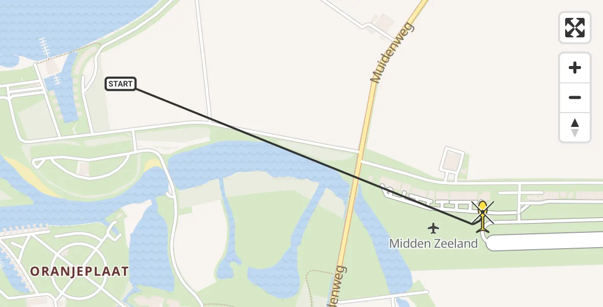 Routekaart van de vlucht: Kustwachthelikopter naar Vliegveld Midden-Zeeland, Calandweg