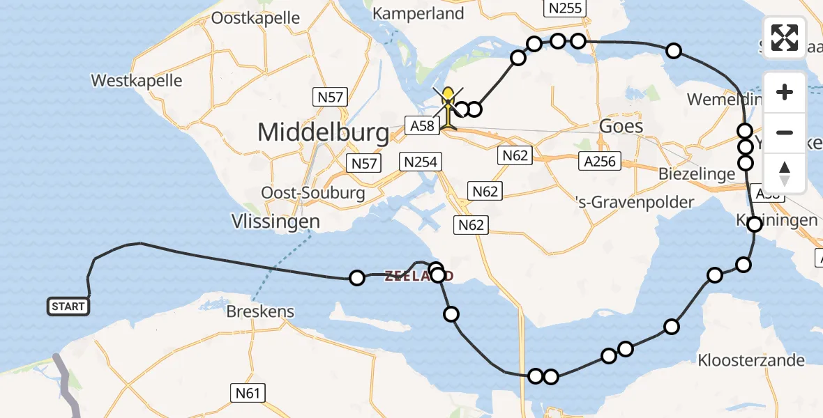Routekaart van de vlucht: Politiehelikopter naar Vliegveld Midden-Zeeland, Calandweg