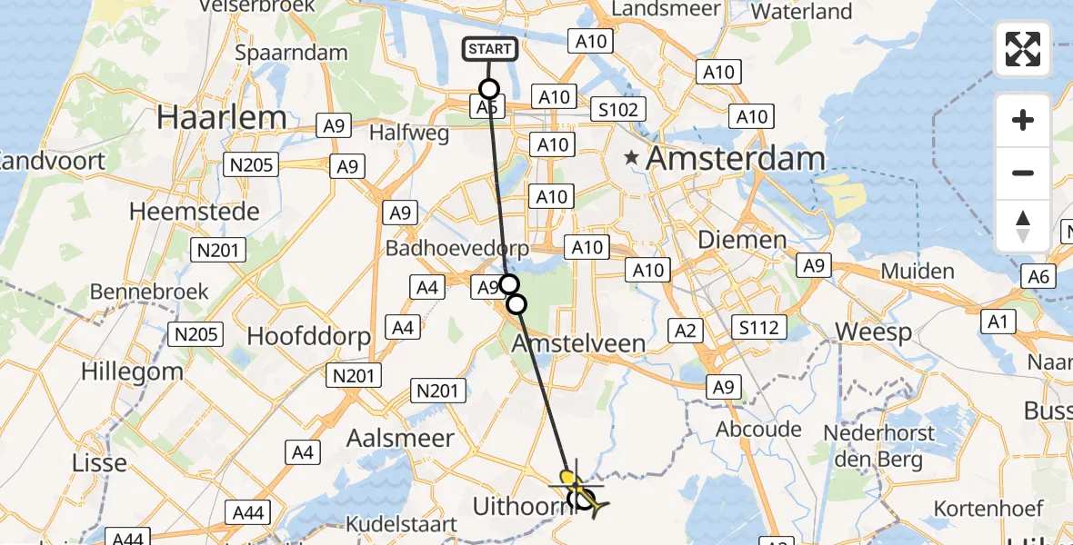 Routekaart van de vlucht: Lifeliner 1 naar Waverveen, Hornweg
