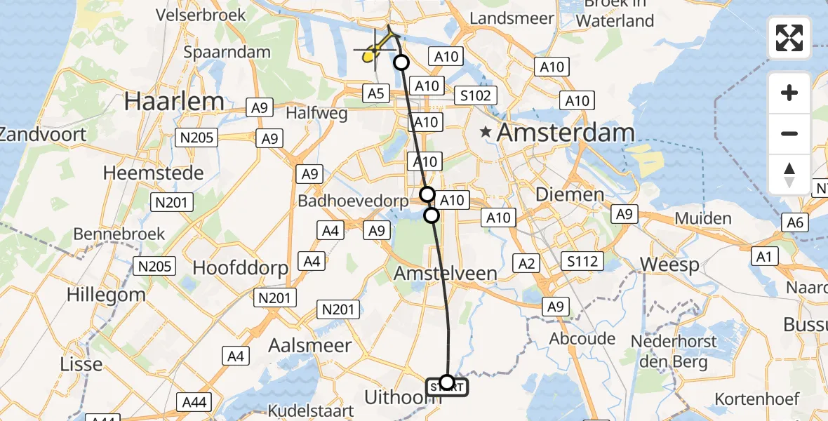 Routekaart van de vlucht: Lifeliner 1 naar Amsterdam Heliport, Weidevogelpad