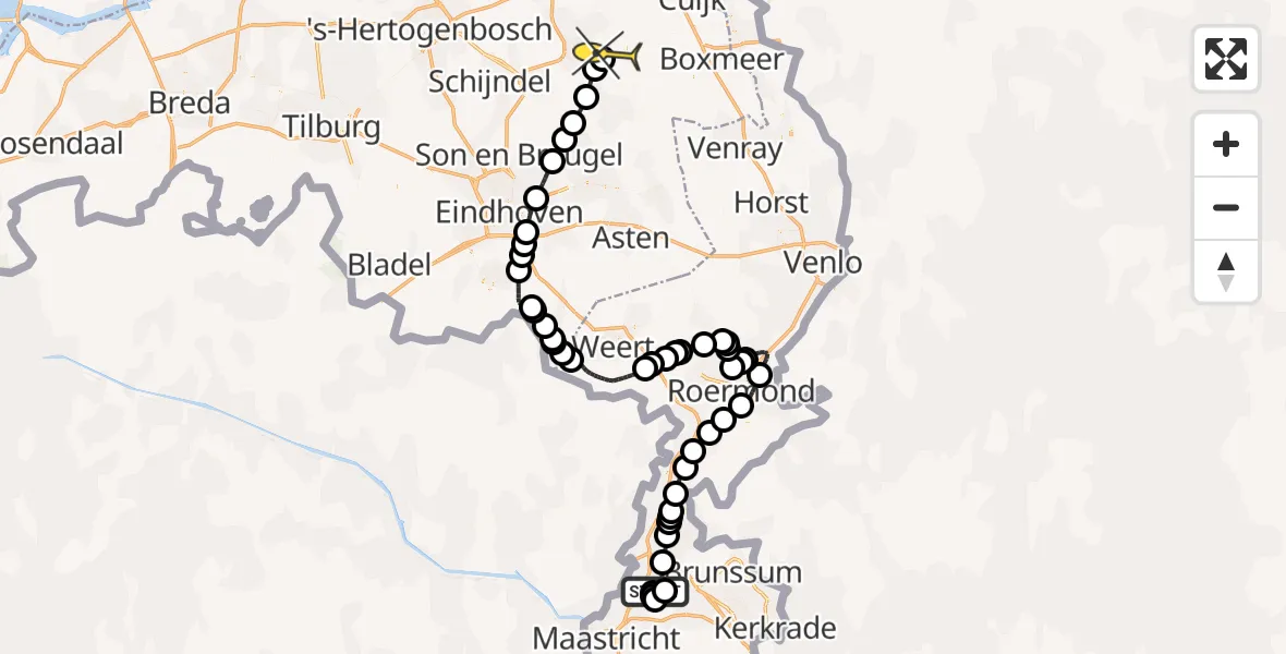 Routekaart van de vlucht: Politiehelikopter naar Vliegbasis Volkel, Pastoor van Eijsstraat