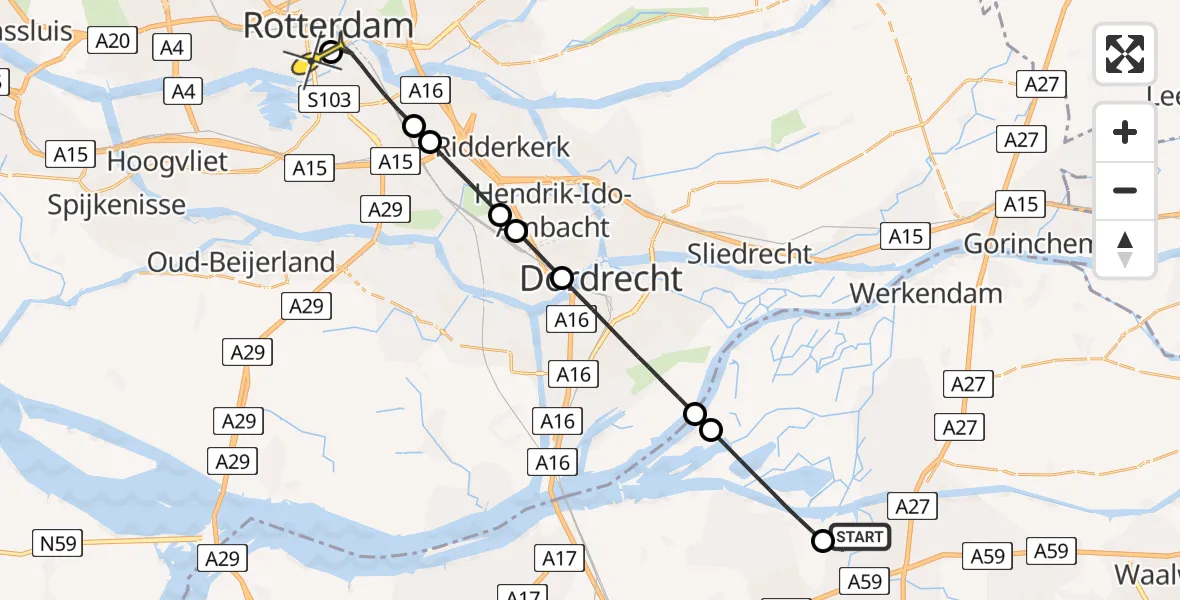 Routekaart van de vlucht: Lifeliner 2 naar Erasmus MC, 150 kV Geertruidenberg