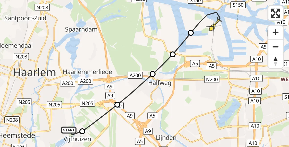 Routekaart van de vlucht: Lifeliner 1 naar Amsterdam Heliport, Kromme Spieringweg