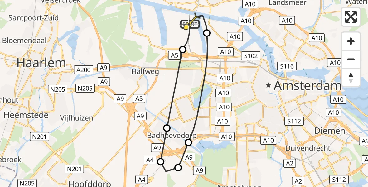Routekaart van de vlucht: Lifeliner 1 naar Amsterdam Heliport, Nieuw-Zeelandweg