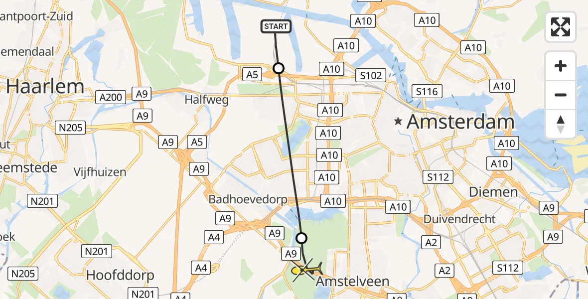 Routekaart van de vlucht: Lifeliner 1 naar Amstelveen, Hornweg