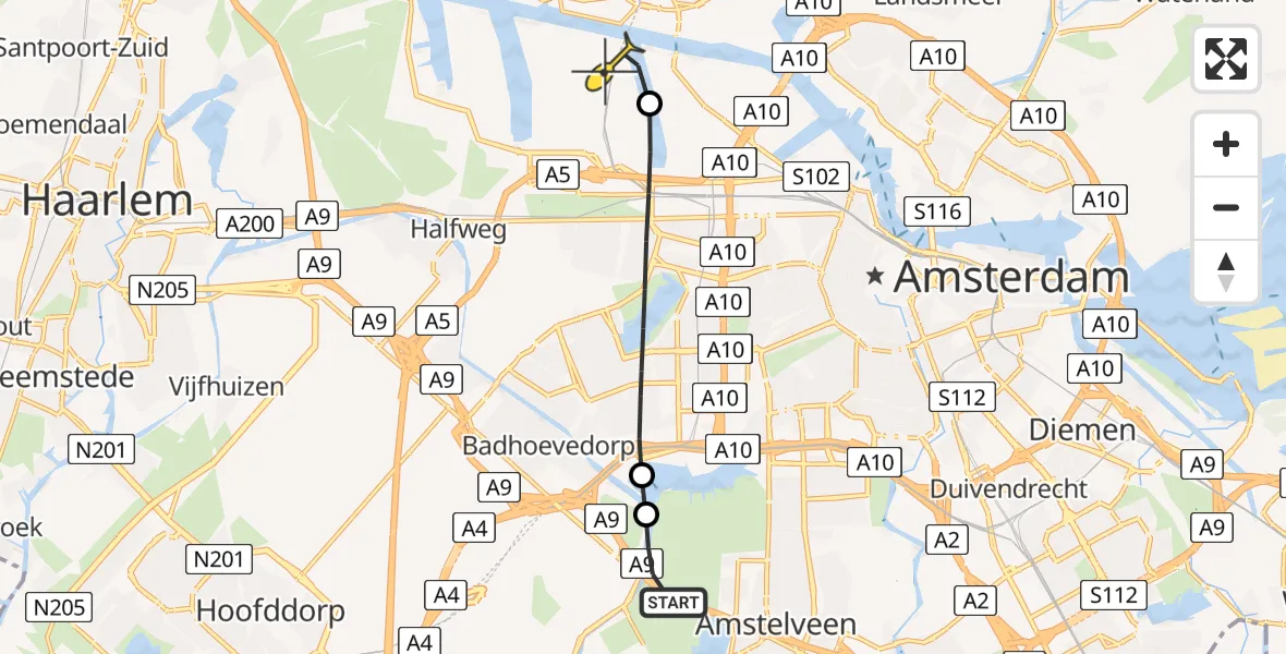 Routekaart van de vlucht: Lifeliner 1 naar Amsterdam Heliport, Schipholdijk