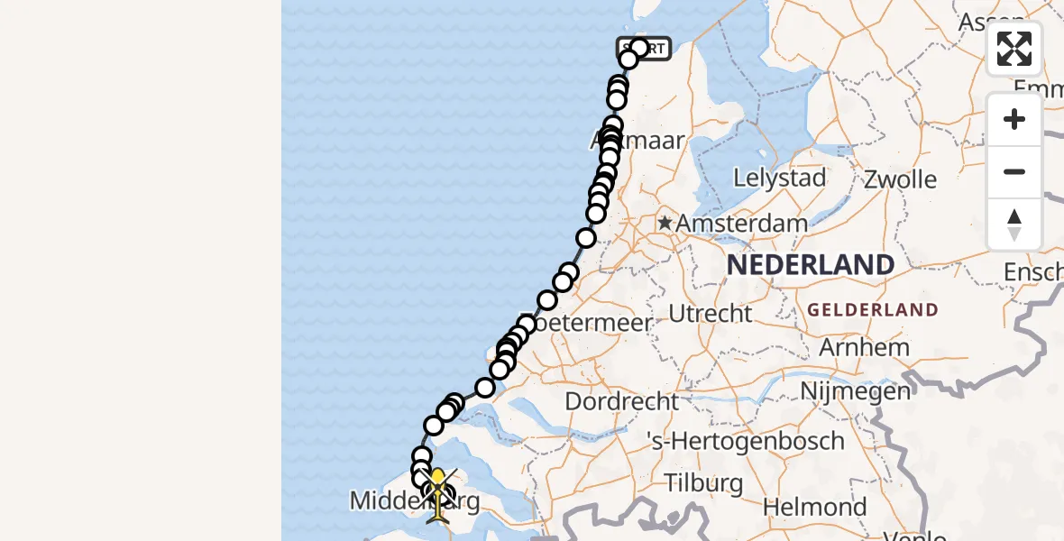Routekaart van de vlucht: Kustwachthelikopter naar Vliegveld Midden-Zeeland, Hendrika's hoeve