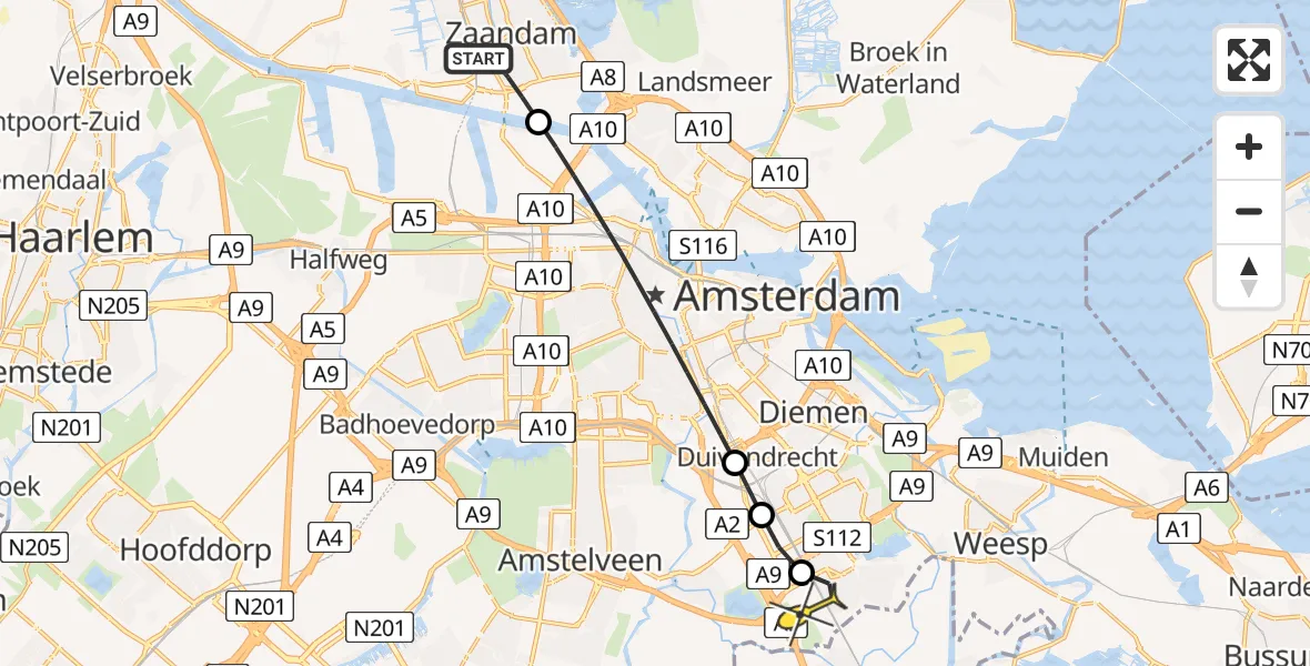 Routekaart van de vlucht: Lifeliner 2 naar Academisch Medisch Centrum (AMC), Havenstraat