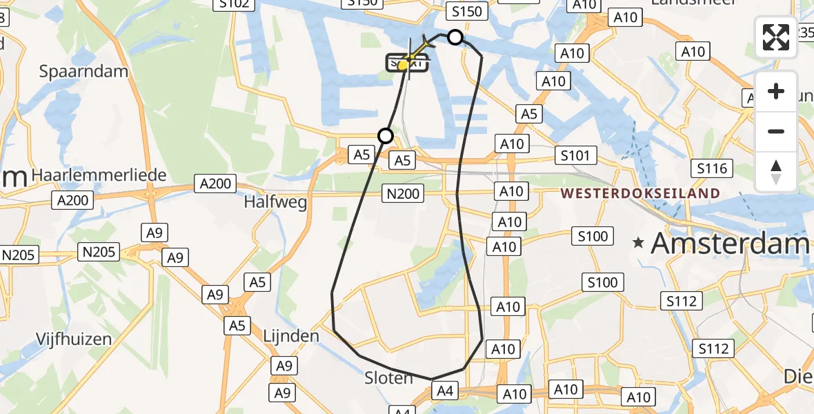 Routekaart van de vlucht: Lifeliner 1 naar Amsterdam Heliport, Nieuw-Zeelandweg