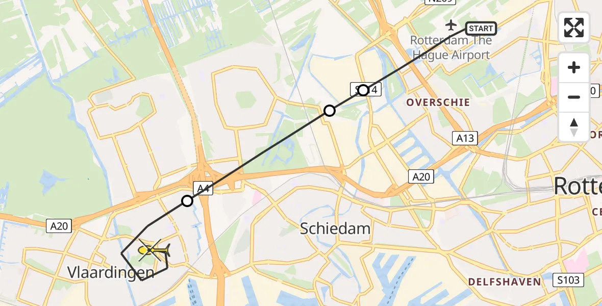 Routekaart van de vlucht: Lifeliner 2 naar Vlaardingen, Vliegveldweg