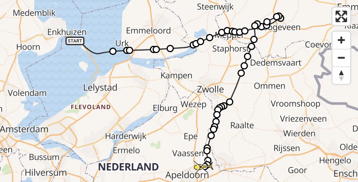 Routekaart van de vlucht: Politiehelikopter naar Vliegveld Teuge, Markerwaarddijk