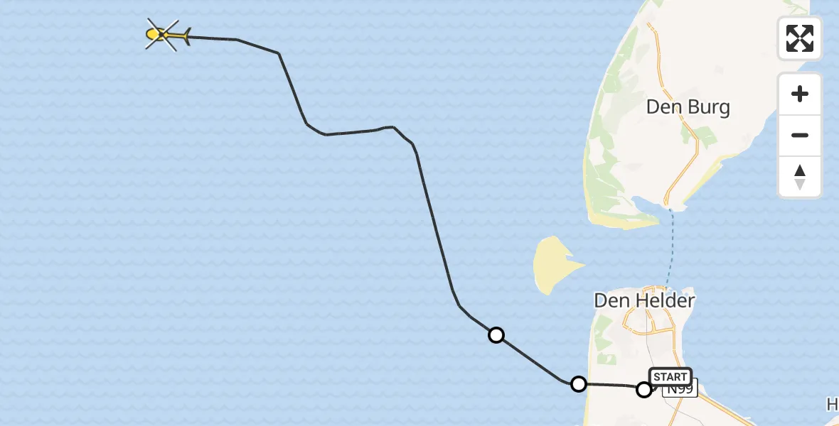 Routekaart van de vlucht: Kustwachthelikopter naar Middenvliet