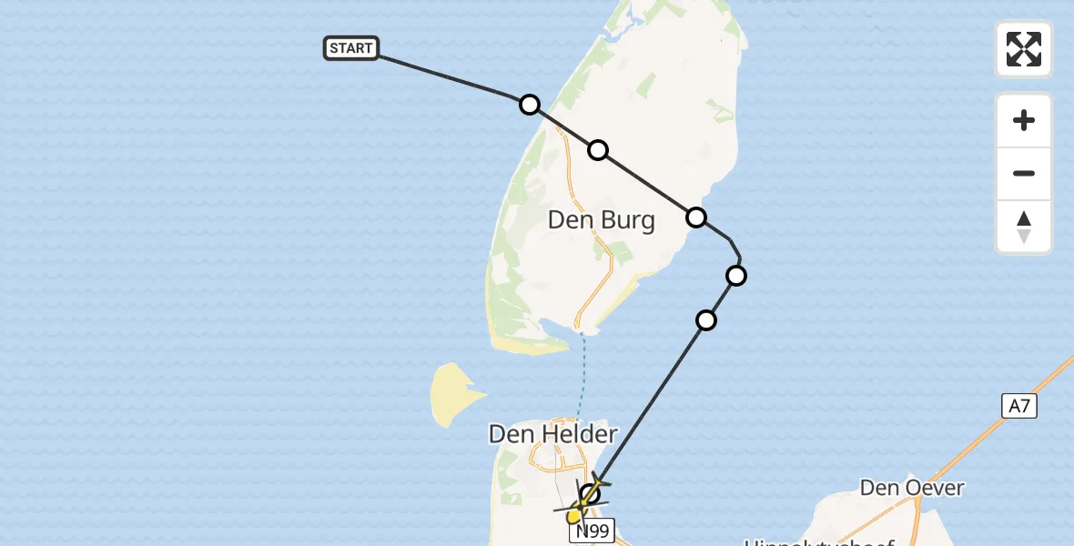 Routekaart van de vlucht: Kustwachthelikopter naar Vliegveld De Kooy, Doggersvaart