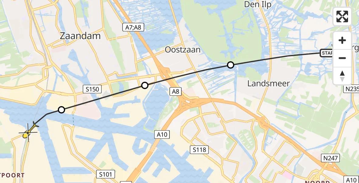 Routekaart van de vlucht: Lifeliner 1 naar Amsterdam Heliport, Laansloot