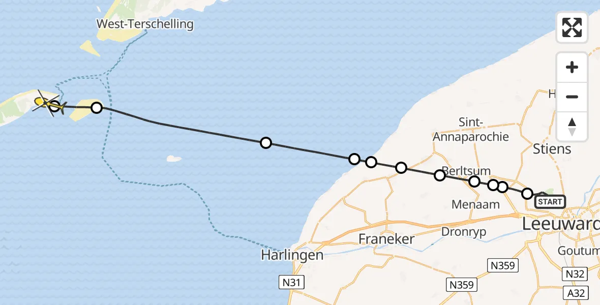 Routekaart van de vlucht: Ambulanceheli naar Vlieland Heliport, Sirtemawei