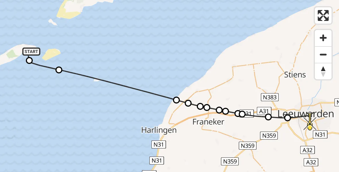 Routekaart van de vlucht: Ambulancehelikopter naar Leeuwarden, Vlielanderbalg
