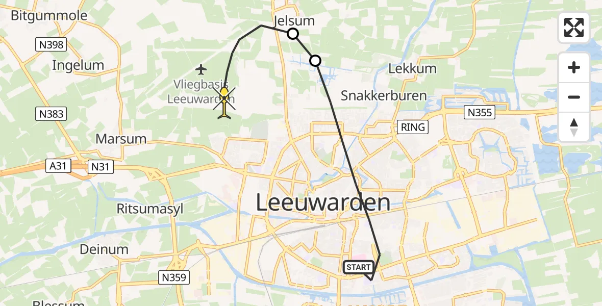 Routekaart van de vlucht: Ambulancehelikopter naar Vliegbasis Leeuwarden, Pasveerweg