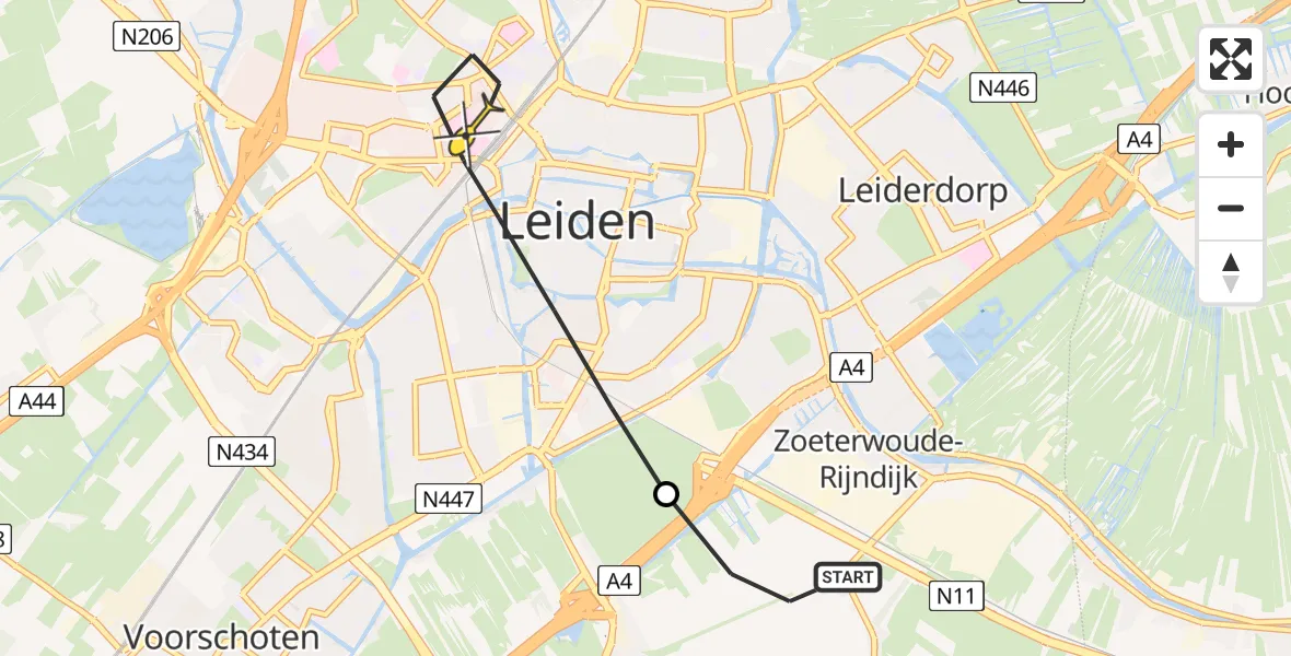 Routekaart van de vlucht: Lifeliner 1 naar Leiden, Laan van Oud Raadwijk