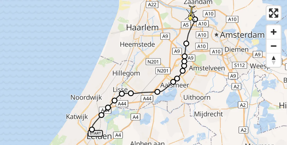 Routekaart van de vlucht: Lifeliner 1 naar Amsterdam Heliport, Kwekerij De Groene Circkel