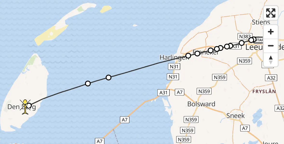 Routekaart van de vlucht: Ambulancehelikopter naar Den Burg, Bitgumerdyk