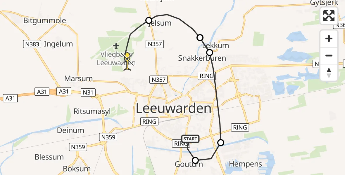 Routekaart van de vlucht: Ambulanceheli naar Vliegbasis Leeuwarden, Buorren