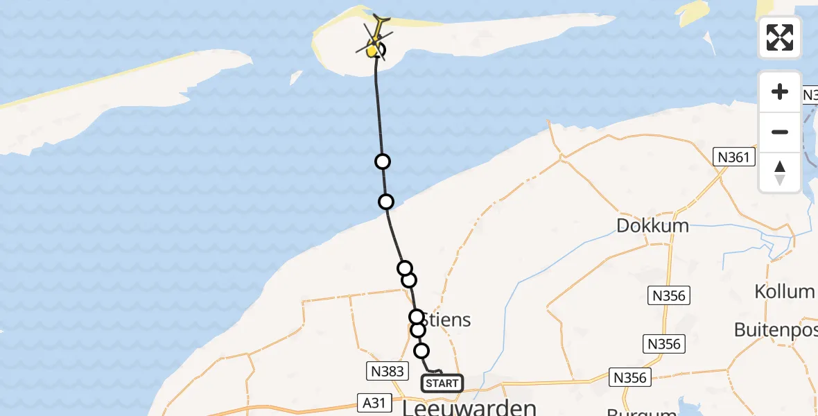 Routekaart van de vlucht: Ambulancehelikopter naar Ameland Airport Ballum, Keegsdijkje