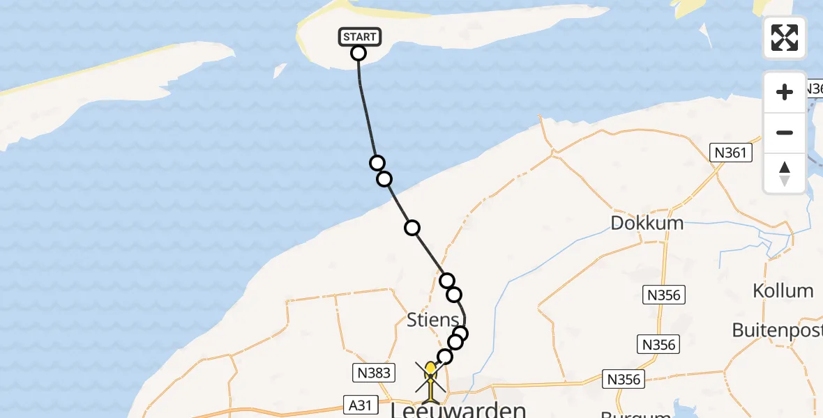 Routekaart van de vlucht: Ambulanceheli naar Vliegbasis Leeuwarden, Jelmeraweg