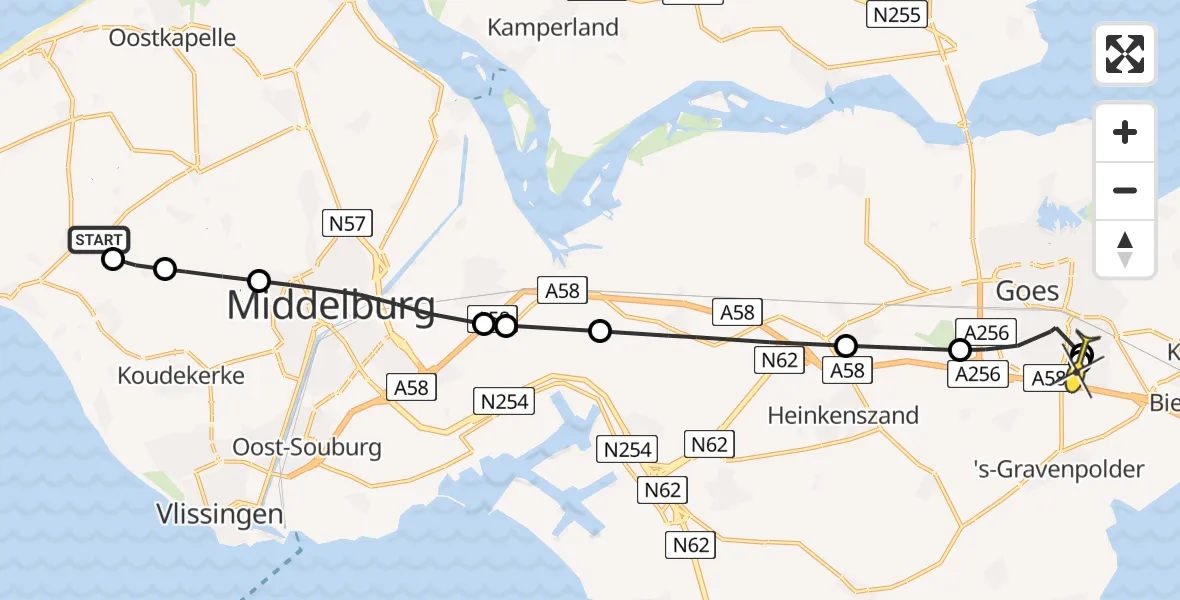 Routekaart van de vlucht: Lifeliner 2 naar Goes, Krommenhoekseweg