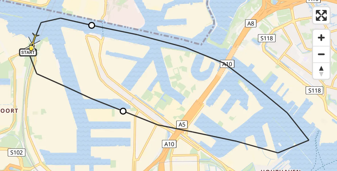 Routekaart van de vlucht: Lifeliner 1 naar Amsterdam Heliport, Westhaven
