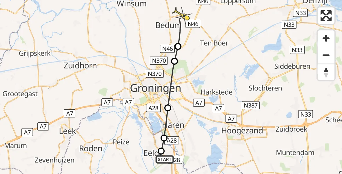 Routekaart van de vlucht: Lifeliner 4 naar Middelstum, Burgemeester J.G. Legroweg