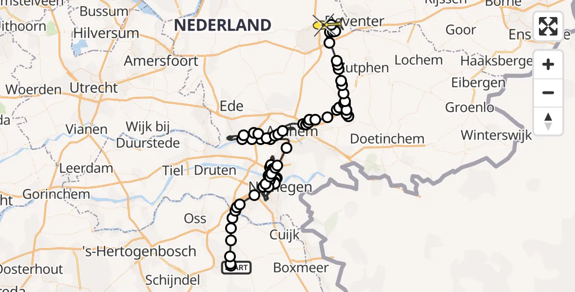 Routekaart van de vlucht: Politieheli naar Vliegveld Teuge, de Zanden
