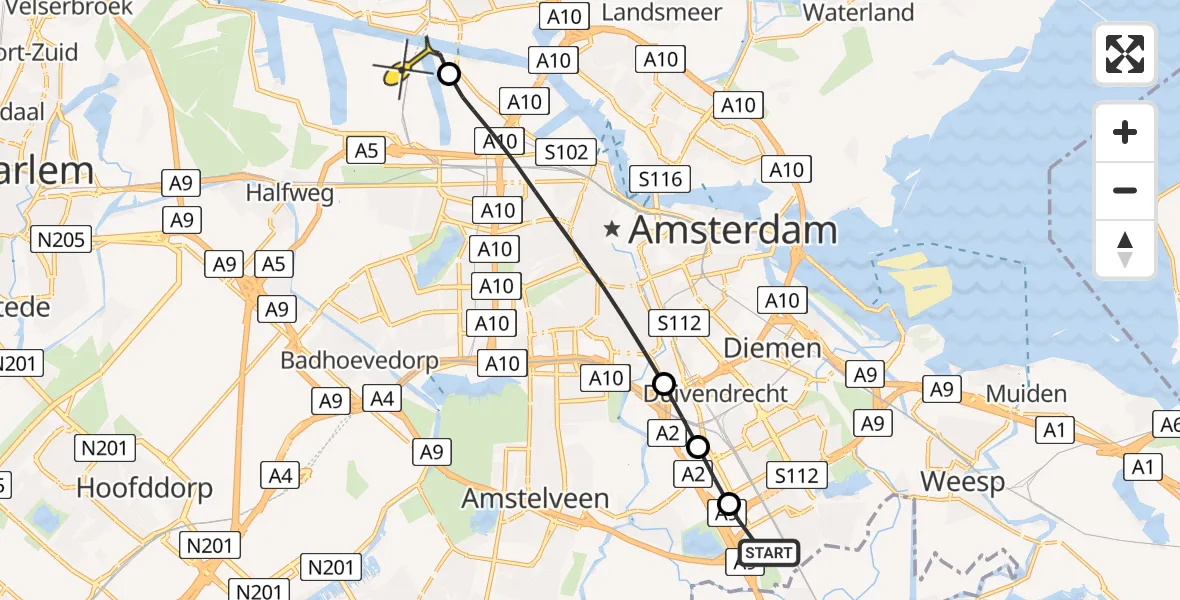 Routekaart van de vlucht: Lifeliner 1 naar Amsterdam Heliport, Stekkenbergweg