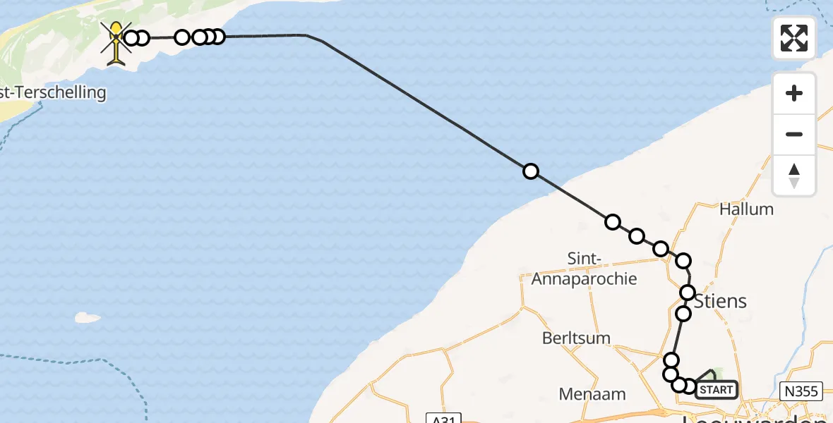Routekaart van de vlucht: Ambulancehelikopter naar Midsland, Keegsdijkje