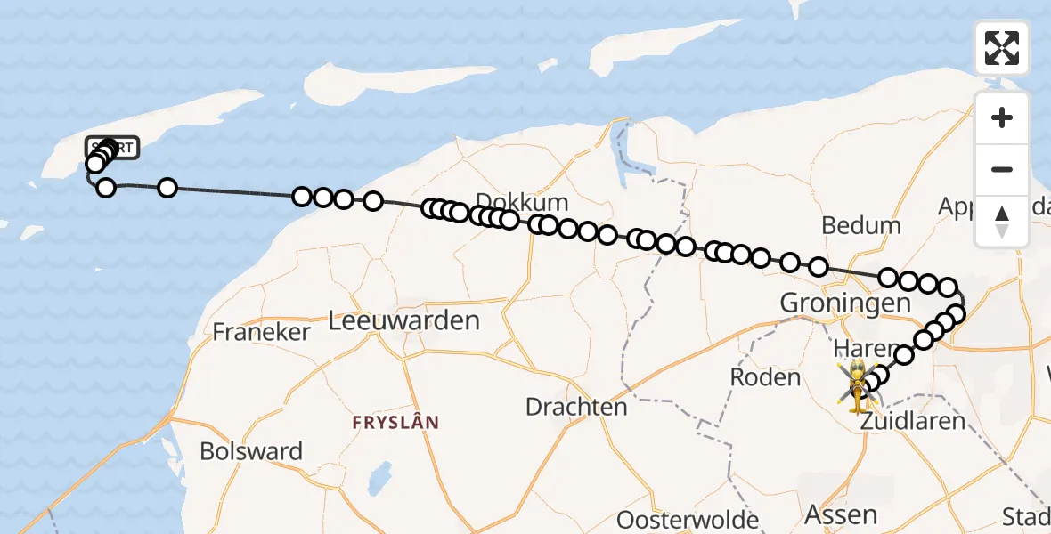 Vluchtroute Ambulancehelikopter Midsland - Groningen Airport Eelde, 11 november 2025, 01:47