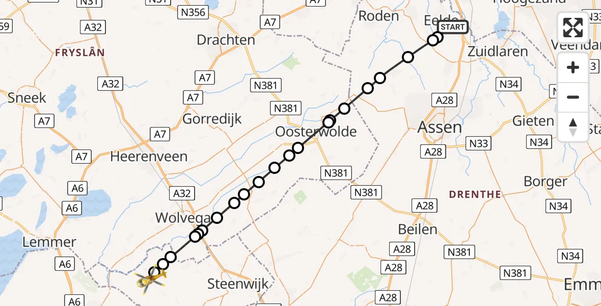 Vluchtroute Traumahelikopter Groningen Airport Eelde - Ossenzijl, 11 november 2025, 09:41