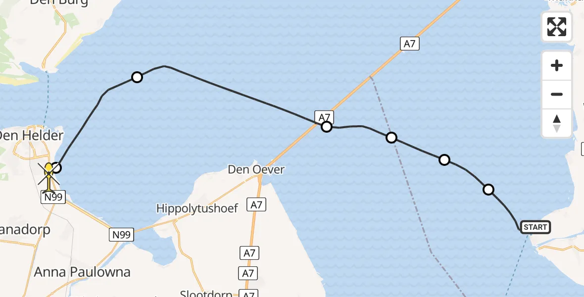 Routekaart van de vlucht: Kustwachthelikopter naar Vliegveld De Kooy, Vaargeul naar Stavoren