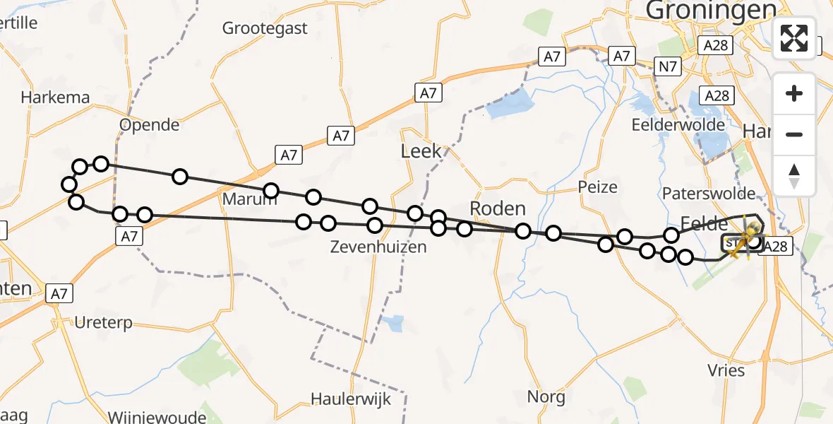 Vluchtroute Traumahelikopter Groningen Airport Eelde - Groningen Airport Eelde, 11 november 2025, 11:27